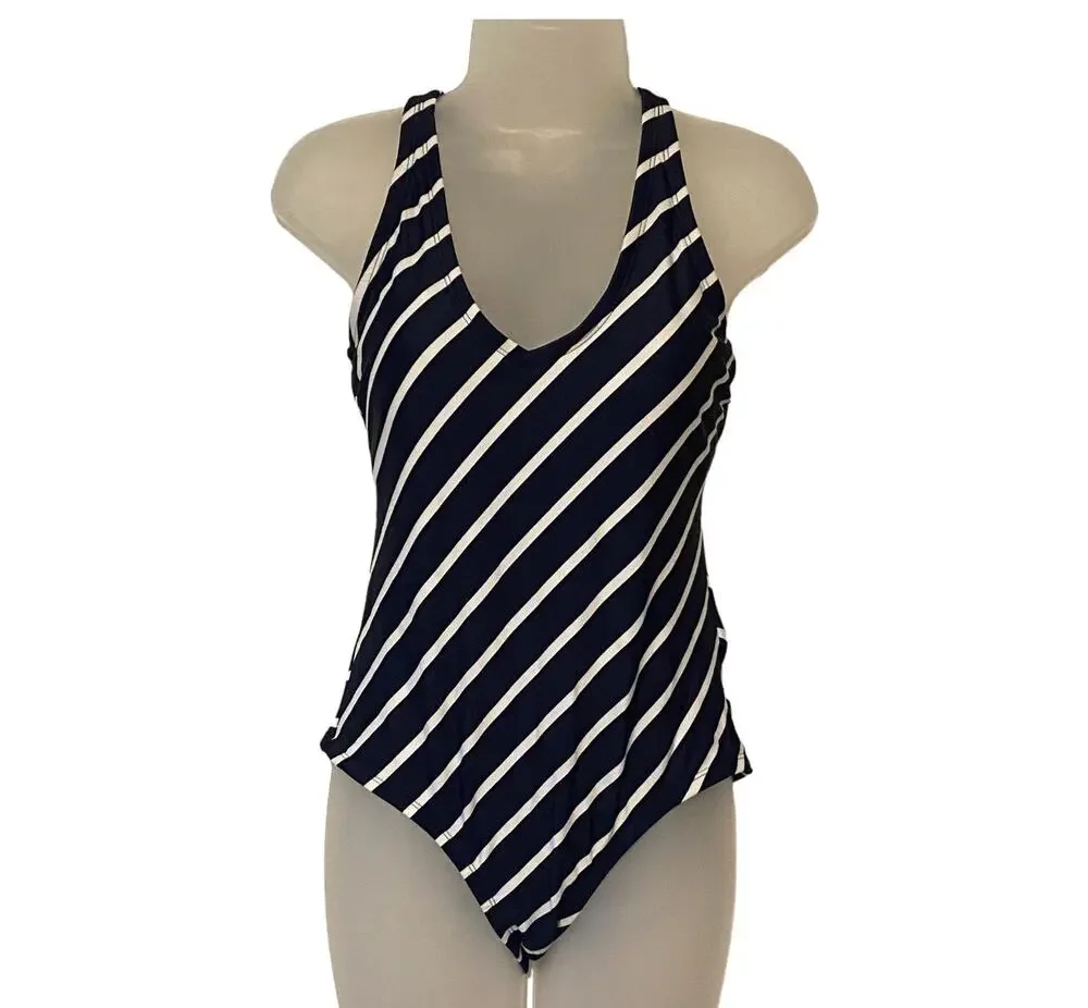 Kona Sol Women’s Dark Navy Blue/White Striped One-Piece Swimsuit Size Medium